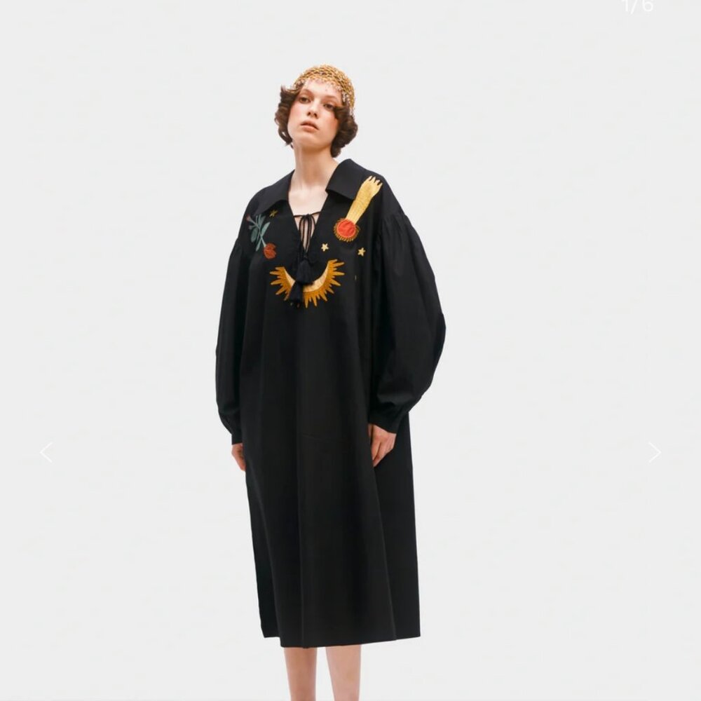 Sleeper Mystic Appliquéd Cotton Maxi Dress in Black